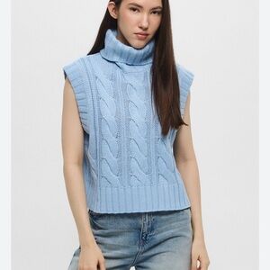 Baby blue cable knit sweater vest turtleneck